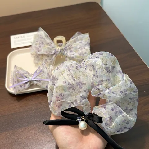 Oversize Floreale Viola Organza Artiglio per Capelli Fiocco Scrunchie Coreano Elegante Fiore Squalo Clip Con Perla Artificiale Strass Accessori Capelli Donna