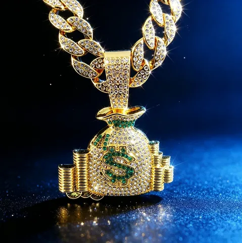 Collier Pendentif Sac d'Argent Hip Hop Iced Out Homme Or Argent Couleur Signe Dollar Bijoux en Strass Cadeau Pendentif Seul