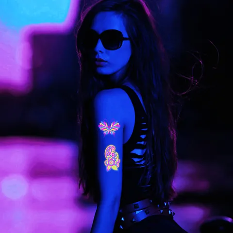 Autocollants de Tatouage Temporaire Papillon Fluorescent Imperméables Neon Glow In The Dark Body Art pour Visage Bras Boîte de Nuit Fête