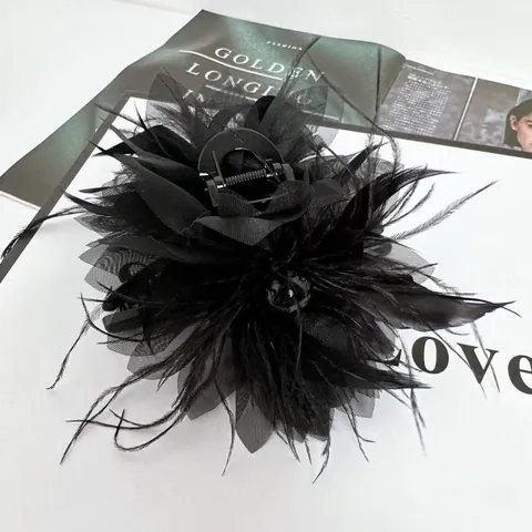 Grande Pinza per Capelli con Fiocco in Rete e Piume Elegante Fermaglio a Squalo Nero Accessori per Capelli in Stile Principessa Vintage per Donna