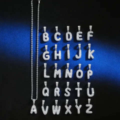 Collana con Ciondolo a Lettera Bolla in Zirconia Iced Out Hip Hop Rame Placcato Oro Argento Catena a Corda Alfabeto Gioielli Moda Uomo Donna