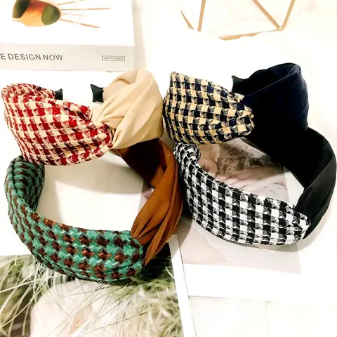 French Vintage Houndstooth Cross Knot Headband For Women Korean Ins Style Fabric Wide Hairband Fashion Hair Accessories