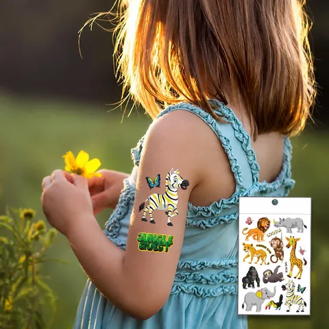 Pegatinas Tatuaje Temporal Animales Dibujos Animados Lámina Oro Niños Transferencia Agua Selva Lindos Arte Corporal Fiesta