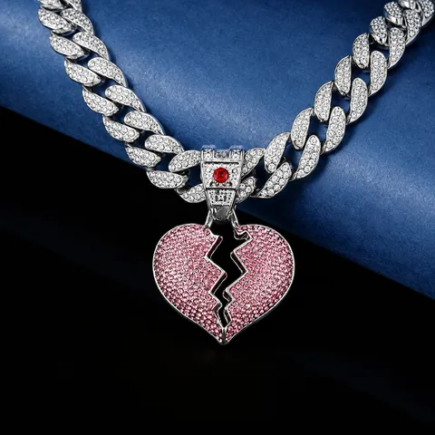Collana con Ciondolo a Forma di Cuore Spezzato Rosa Hiphop Iced Out per Uomo Donna Catena Cuban in Lega Strass Gioielli alla Moda
