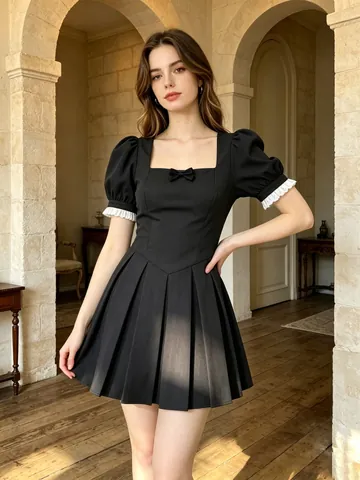 French Vintage Square Neck Puff Sleeve Mini Dress Women Summer Solid Black Short Sleeve Pleated Little Black Dress Preppy Dress