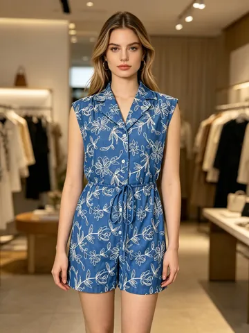 Pelele Sin Mangas con Solapa para Mujer Mono de Verano Informal con Estampado Floral y Cintura con Cordón