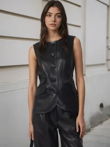 Women PU Leather Slim Fit Vest Round Neck Button Decor Waistcoat With Flap Pockets Solid Black Casual Sleeveless Top