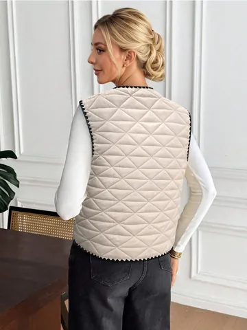 Women Quilted Padded Vest Color Block Scalloped Trim Button Down Sleeveless Jacket Polyester Regular Fit Waistcoat Top With Pockets