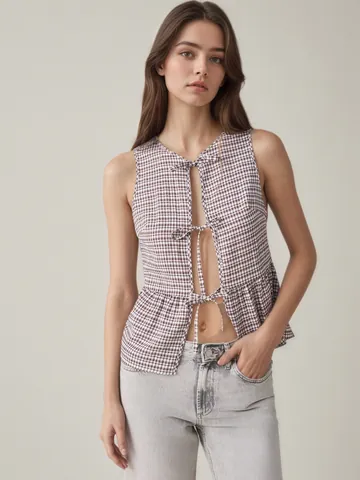 Damen Kariert Ärmellos Weste Top Sommer Schnürung Vorne Ausschnitt Slim Fit Peplum Saum Gingham Weste Shirt Für Damen