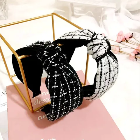 Retro Plaid Tweed Headband Wide Edge Knot Hair Band For Women Non-Slip Elegant Korean Fashion Hair Accessories Daily Headwear