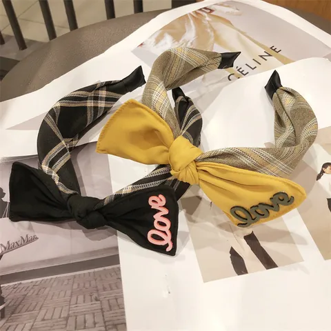 Cerchietto a Fiocco in Stile Coreano con Lettere LOVE Motivo a Quadri in Tessuto Accessori per Capelli Moda per Donna Ragazza