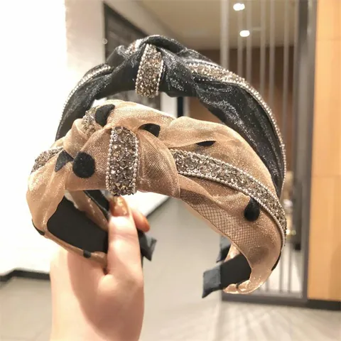 Cerchietto Largo da Donna Stile Coreano in Organza a Pois con Strass Moda Nodo Fascia per Capelli Accessori per Feste