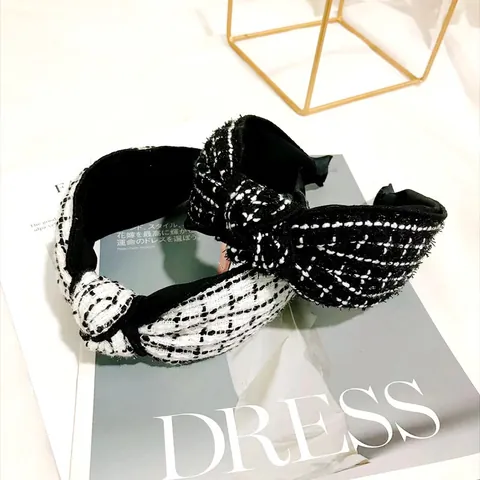 Retro Plaid Tweed Headband Wide Edge Knot Hair Band For Women Non-Slip Elegant Korean Fashion Hair Accessories Daily Headwear