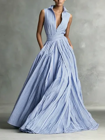 Women American Retro POLO Neck Striped Sleeveless Shirt Maxi Dress Elegant Tie Waist A-line Large Swing Cotton Polyester Long Dress With Pockets