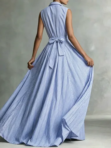 Women American Retro POLO Neck Striped Sleeveless Shirt Maxi Dress Elegant Tie Waist A-line Large Swing Cotton Polyester Long Dress With Pockets