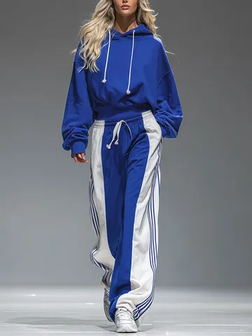 Women Retro Blue White Patchwork Sport Set Hooded Sweatshirt And Wide Leg Striped Pants Two Piece Tracksuit Casual Outfits