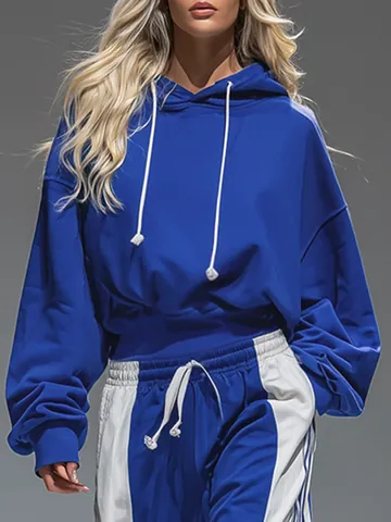 Women Retro Blue White Patchwork Sport Set Hooded Sweatshirt And Wide Leg Striped Pants Two Piece Tracksuit Casual Outfits