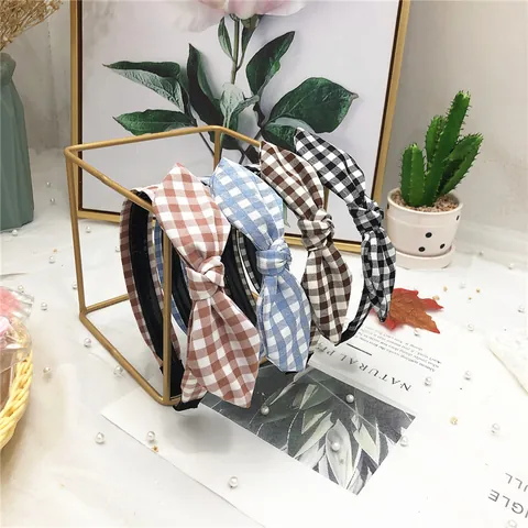 Korean Style Bunny Ear Headband Plaid Pattern Fabric Wide Hairband Sweet Cute Hair Accessories For Women Face Wash Daily