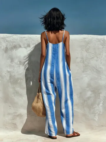 Women's Summer Elegant Casual Striped Jumpsuit Sleeveless Blue White Striped Backless Wide Leg Jumpsuit With Pockets Vacation Wear
