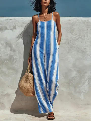 Women's Summer Elegant Casual Striped Jumpsuit Sleeveless Blue White Striped Backless Wide Leg Jumpsuit With Pockets Vacation Wear