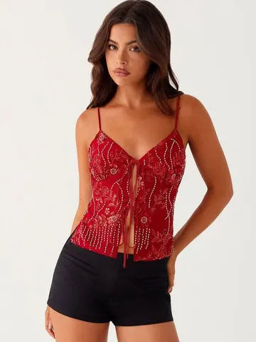 Top Corto Sexy para Mujer con Escote en V Profundo y Lentejuelas Moda Calado con Cordones Delante Espalda Al Aire Ajustado