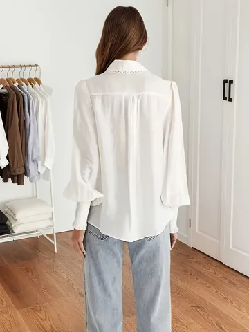 Dames Elegant Kant Revers Lantaarnmouw Wit Overhemd Casual Effen Kleur Kantoor Forens Blouse Lange Mouw Geplooide Manchet Top