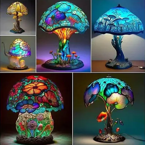 Vintage Tiffany-Stil Buntglas Pflanzen Serie Pilz Schnecke Tischlampe Kunstharz Dekorative Nachtlicht Home Decor