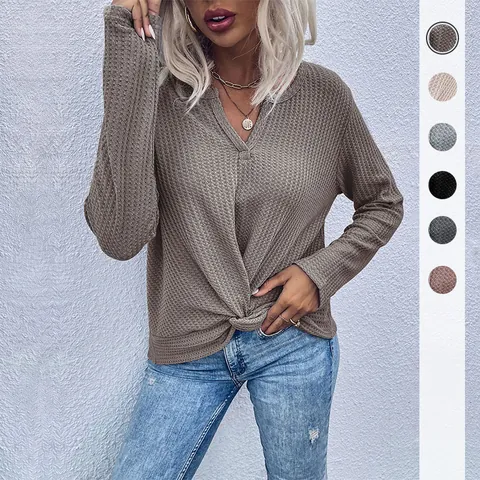 Dames Casual Wafelbreisel V-hals Lange Mouw Top Pullover Met Gedraaide Knoop Detail Minimalistisch Breigoed Kleding