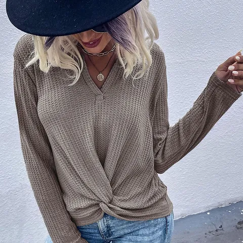 Dames Casual Wafelbreisel V-hals Lange Mouw Top Pullover Met Gedraaide Knoop Detail Minimalistisch Breigoed Kleding