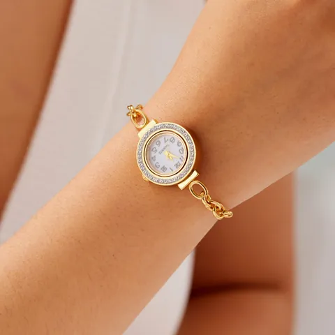 Fashion Women Gold Stainless Steel Rhinestone Bracelet Watch Elegant Double Layer Chain Round Dial Quartz Wristwatch Jewelry