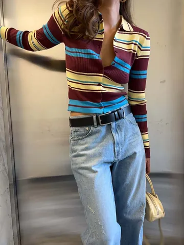Women Retro Striped Knit Cardigan Slim Fit Lapel Long Sleeve Single Breasted Cotton Blend Ribbed Sweater Top