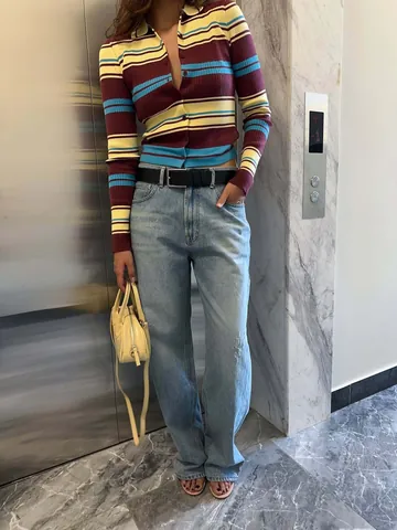 Women Retro Striped Knit Cardigan Slim Fit Lapel Long Sleeve Single Breasted Cotton Blend Ribbed Sweater Top