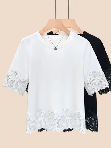 Women's Lace Patchwork T-Shirt Cotton Blend Round Neck Short Sleeve Slim Fit Casual Summer Commuter Solid Color Lace Top