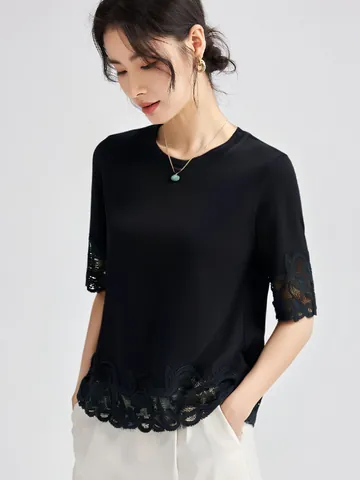 Women's Lace Patchwork T-Shirt Cotton Blend Round Neck Short Sleeve Slim Fit Casual Summer Commuter Solid Color Lace Top