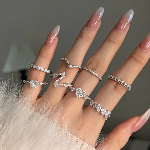S925 Sterling Silver Heart Zirconia Stackable Ring For Women Platinum Plated Elegant Geometry Wave Crown Finger Jewelry