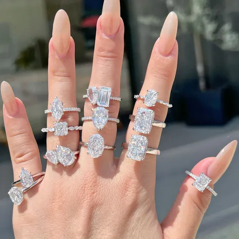 925 Sterling Silver Ring Women Ice Flower Cut Zirconia Inlaid Nordic Style Square Heart Pear Shape Jewelry Daily Party Gift