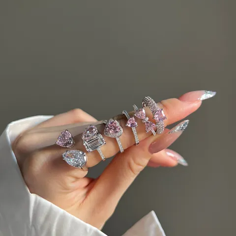 Anillos de Plata de Ley S925 Con Circonitas Rosas en Forma de Corazón y Lazo Joyería de Boda Ajustable para Mujer