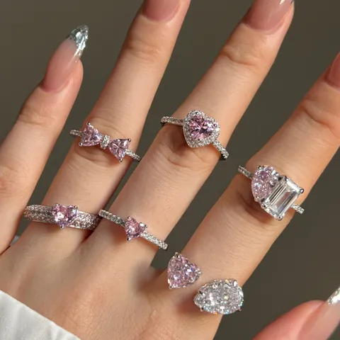 Anillos de Plata de Ley S925 Con Circonitas Rosas en Forma de Corazón y Lazo Joyería de Boda Ajustable para Mujer
