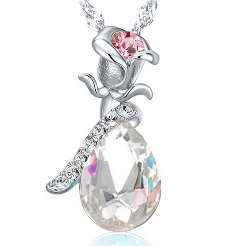 Fashion Rose Flower Angel Tears Pendant Necklace For Women Alloy Inlaid Rhinestone Water Drop Pendant Water Wave Chain Jewelry Gift
