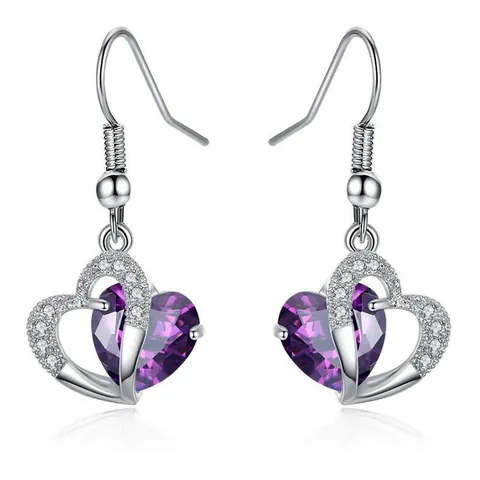 Fashion Copper White Gold Plated Heart Zirconia Drop Earrings Elegant Sweet Blue Purple Red Crystal Dangle Jewelry For Women