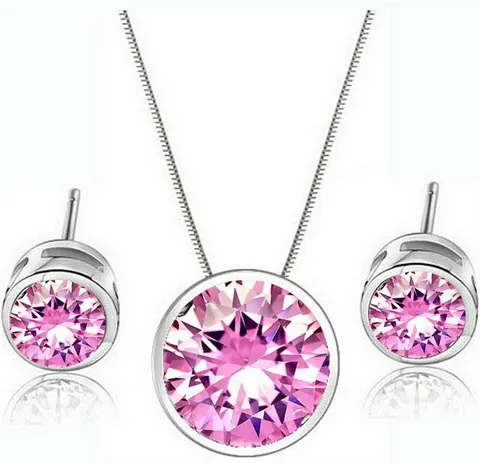Korean Fashion AAA Zirconia Round Pendant Necklace And Stud Earrings Jewelry Set For Women Copper Water Wave Chain Set