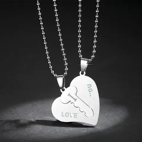 Stainless Steel Heart Puzzle Key Pendant Necklace Set For Couples Engraved I Love You Ball Chain Leather Rope Necklaces