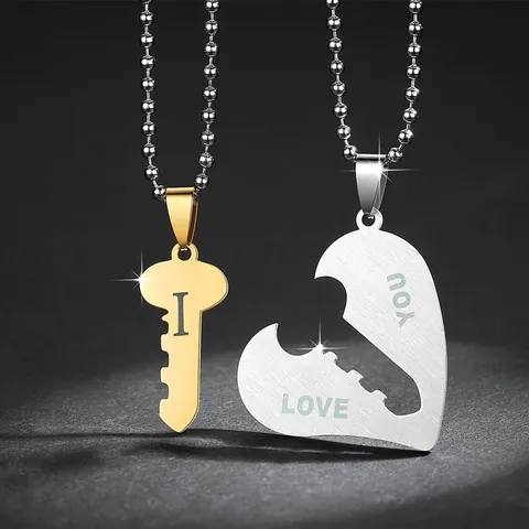 Stainless Steel Heart Puzzle Key Pendant Necklace Set For Couples Engraved I Love You Ball Chain Leather Rope Necklaces