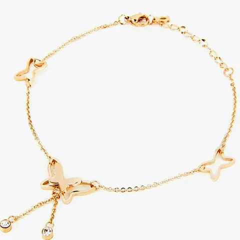 Exquisite Rose Gold Stainless Steel Butterfly Tassel Anklet For Women Zirconia Rhinestone Inlaid Exotic Barefoot Sandals Jewelry