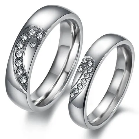 Titanium Steel Heart Puzzle Matching Rings For Couples Silver Rhinestone Inlaid Fashion Jewelry Finger Rings Gift For Wedding Anniversary