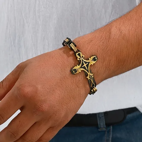 Hip Hop Stainless Steel Cross Bracelet For Men Women Vintage Carved Biker Link Chain Bangle Jewelry Gift