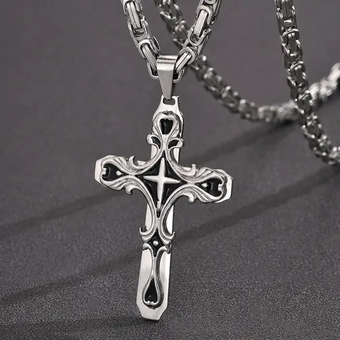 Stainless Steel Cross Pendant Necklace for Men Byzantine Chain Hip Hop Gothic Street Style Jewelry Gold Black Silver Accessory