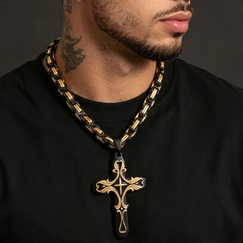 Stainless Steel Cross Pendant Necklace for Men Byzantine Chain Hip Hop Gothic Street Style Jewelry Gold Black Silver Accessory