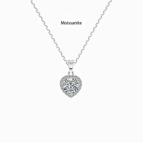 Collar con Colgante de Corazón de Plata de Ley 925 Moissanita 1 Quilate Color D VVS1 Halo Diamante de Laboratorio Joyas GRA