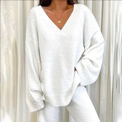 Women Casual V-Neck Home Wear Set Thickened Warm Fleece Polyester Top And Bottom Lounge Pajamas Sleepwear Set